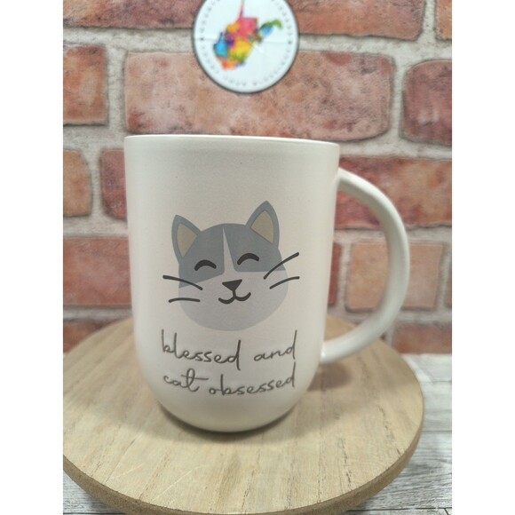 Blessed and Cat Obsessed Coffee Mug Cup Better Living Cat Face Print Inside New - Picture 1 of 7